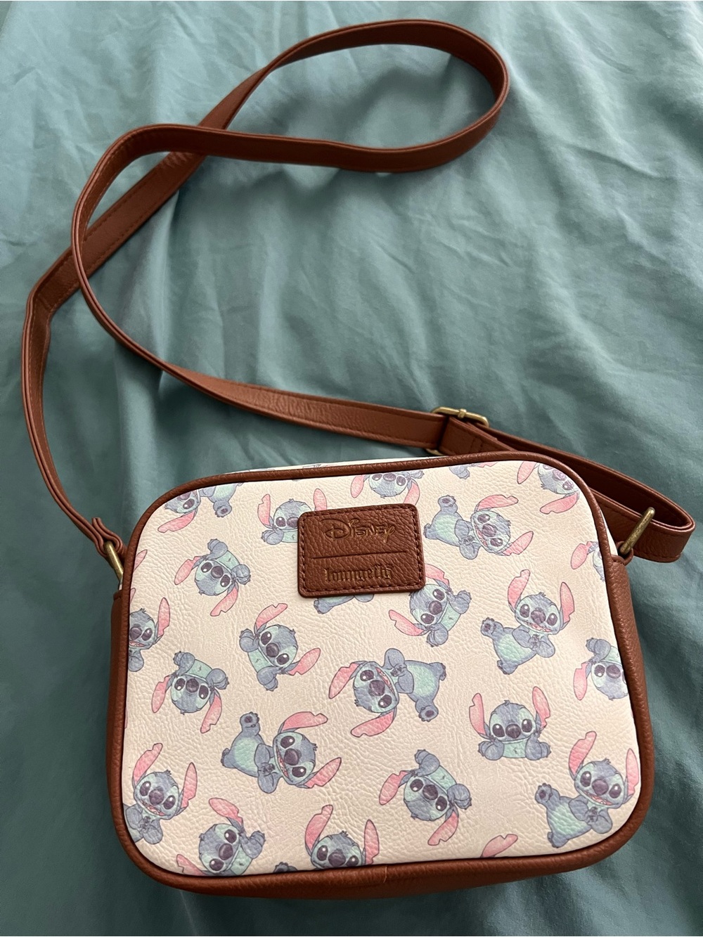 Disney loungefly Lilo & Stitch Brown Trim Crossbody Bag - Pink/Blue Stitch Print